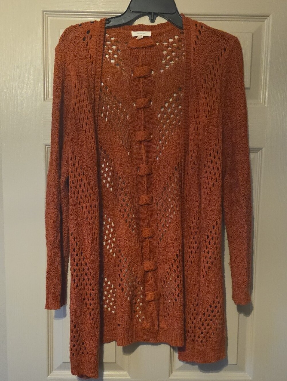 Rust/Orange Openwork Knit Cardigan Sweater - Picture 2 of 6